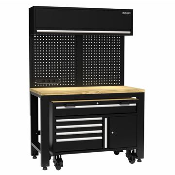 Kraftmeister werkplaatsinrichting met 1 mobiele werkbanken en vaste werktafel met eiken werkbladen, gereedschapswanden en wandkasten | George at Work
