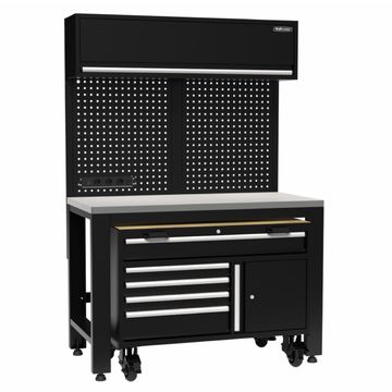 Kraftmeister werkplaatsinrichting met 1 mobiele werkbank (eiken werkblad) en vaste werktafel met RVS werkblad, gereedschapswanden en wandkasten | George at Work