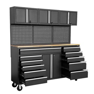 George Tools Budget Mobile Werkbank 183 cm Rubberwood schwarz - bestückt 151-teilig